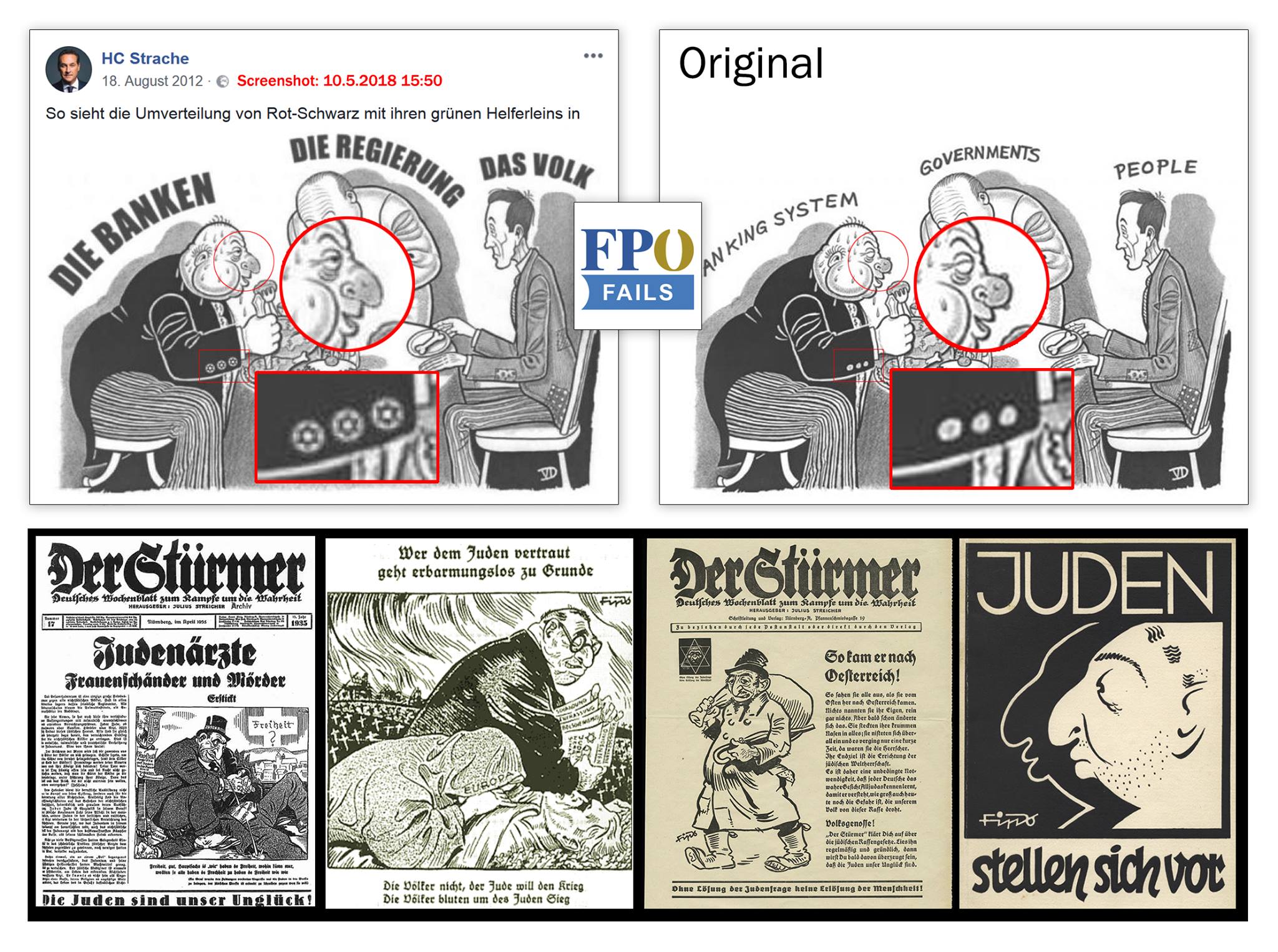 Zusammenstellung: Straches Banker im Stürmer-Stil (https://www.facebook.com/fpoefails/photos/p.1509614569142029/1509614569142029/?type=3&theater)