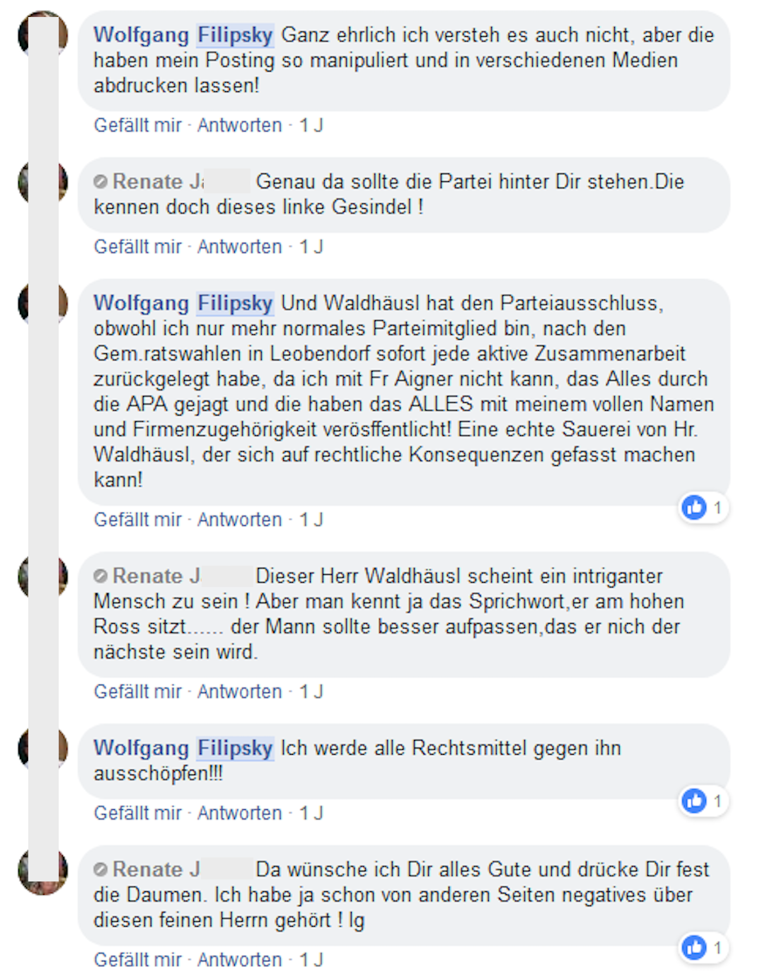 Filipsky unterhält sich mit Renate J. über seinen Parteiausschluss und Gottfried Waldhäusl, der "ein intriganter Mensch" zu sein scheint