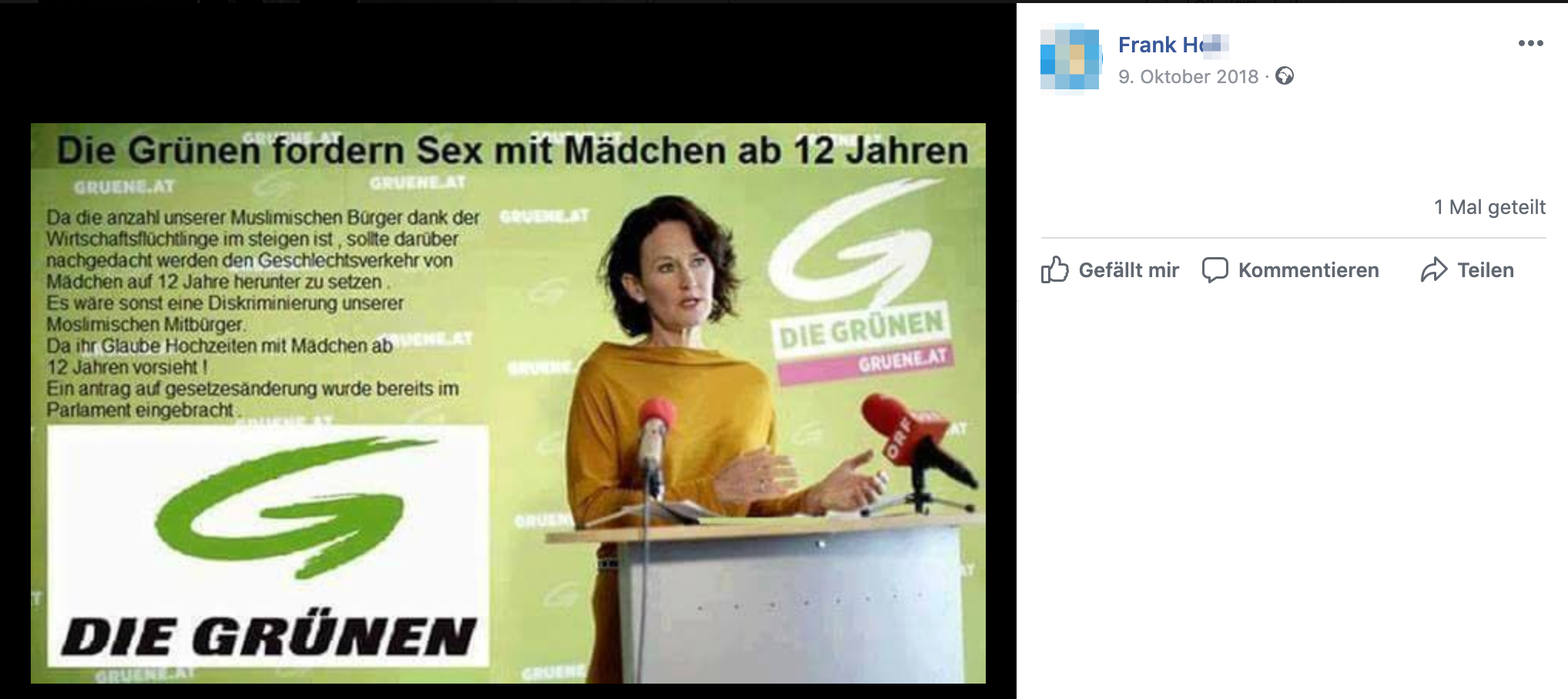 Frank H. im Okt. 2018 mit Schwachsinn, als Glawischnig bereits lange weg und die Grünen nicht im Nationalrat waren: "Die Grünen fordern Sex mit Mädchen ab 12 Jahren. ... Ein antrag auf gesetzesänderung wurde bereits im Parlament eingebracht"