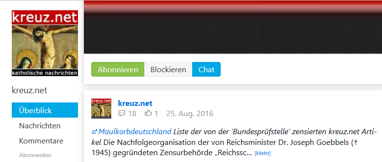 Die Seite gloria-.tv besitzt eine Subseite namens "kreuz.net" - samt altem Logo und Beiträgen...