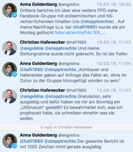 "So ist der Falter." "Sie schreiben ohnehin nur, was sie wollen." Christian Hafenecker zur Falter-Journalistin Anna Goldenberg (zur Gruppe "FPÖ Seitenadmnistratoren")