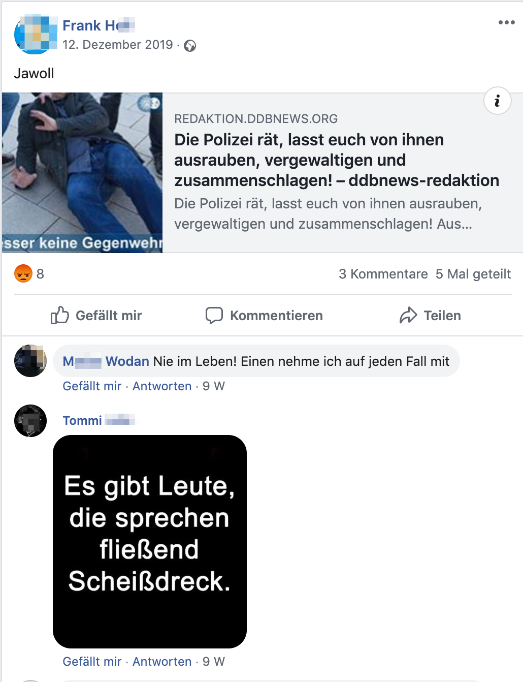 Drei Rechtsextreme vereint: Frank H., M. Wodan und Tommi L.: "Die Polizei rät, lasst euch von ihnen ausrauben, vergewaltigen und zusammenschlagen!" "Nie im Leben! Einen nehme ich auf jeden Fall mit"