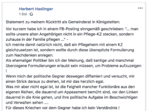 Haslinger erklärt seinen Rücktritt (Facebook Screenshot)