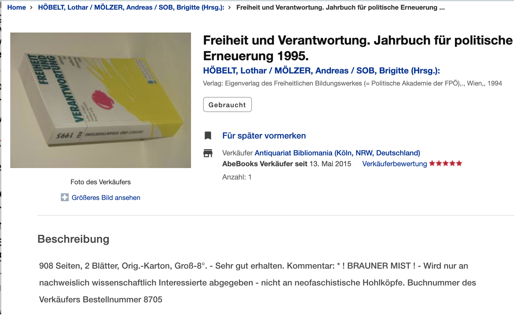 Jahrbuch 1995 antiquarisch zu erweben, Kommentar des Verkäufers: "! BRAUNER MIST ! - Wird nur an nachweislich wissenschaftlich Interessierte abgegeben - nicht an neofaschistische Hohlköpfe." (Screenshot zvab.com)