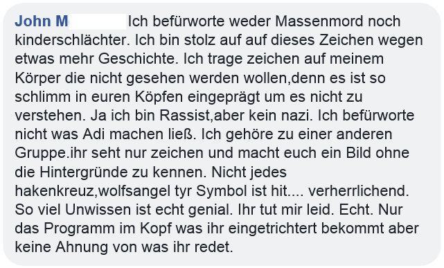 John M.: "Ich bin Rassist, aber kein nazi" (Screenshot Facebook)