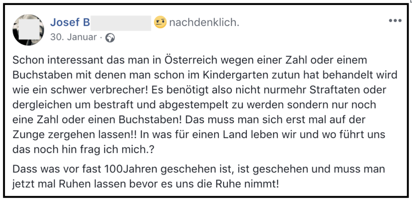 Josef B.: "Dass was vor fast 100Jahren geschehen ist, ist geschehen und muss man jetzt mal Ruhen lassen bevor es uns die Ruhe nimmt!" (Screenshot FB-Posting 30.1.2018)