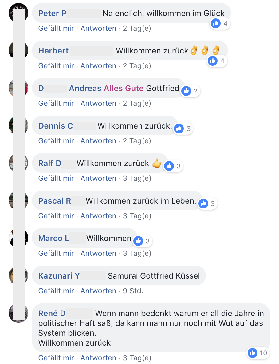 Freudige Reaktionen aufs Küssels Haftentlassung (Screenshot Facebook Posting "Gefangenenhilfe Freundeskreis")