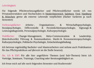 Website Pracher-Hilander: Lehrtätigkeit mit variierenden "Fächern"