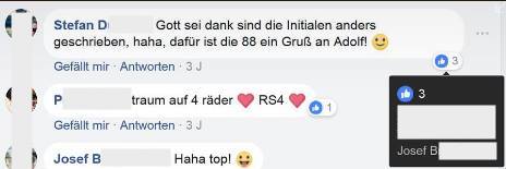 Ein Like von Josef B. für den Hinweis, die "88" auf seinem Autokennzeichen sei ein Gruß an Adolf