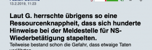 "Laut G. herrschte Ã¼brigens so eine Ressourcenknappheit, dass sich hunderte Hinweise bei der Meldestelle fÃ¼r NS-WiederbetÃ¤tigung stapelten. Teilweise bestand schon die Gefahr, dass etwaige Taten verjÃ¤hrten. (Screenshot Liveticker Standard)