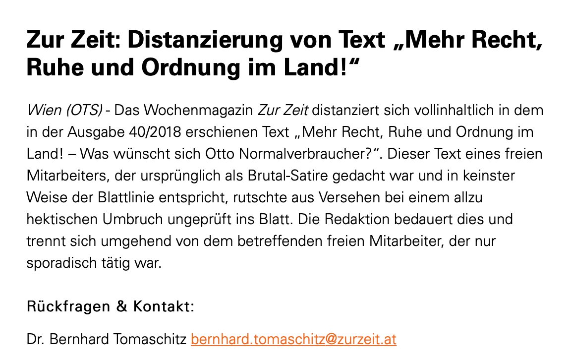 Presseaussendung "Zur Zeit" vom 15.10.18