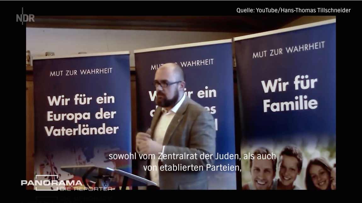 Der AfD-Abg. Hans-Thomas Tillschneider über die Drahtzieher des vermeintlichen "Bevölkerungsuastausches": u.a. der Zentralrat der Juden (Screenshot "Verschwörungstheorie: Der große Austausch")