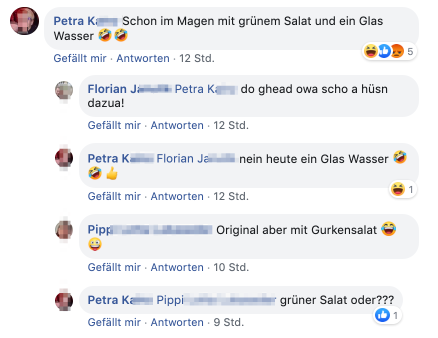 Petra K. hat die Eiernockerl schon im Magen und erklärt, womit sie heute (20. April) zu konsumieren sind: ein Glas Wasser und grüner Salat