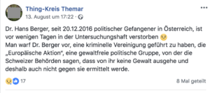 Neonazi-FB-Seite vermeldet Tod von Hans Berger