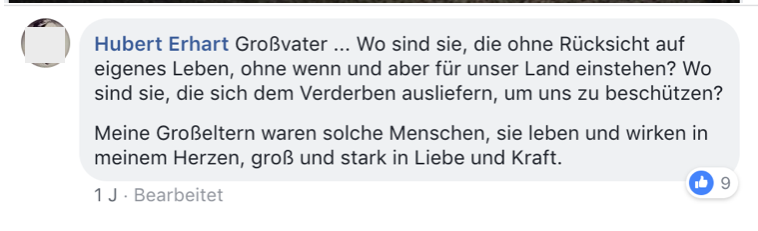 Erhart fragt nach Menschen wie seinen Großvater: "Großvater ... Wo sind sie, die ohne Rücksicht auf eigenes Leben, ohne wenn und aber für unser Land einstehen? Wo sind sie, die sich dem Verderben ausliefern, um uns zu beschützen?"