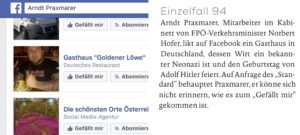 MKÃ– Einzelfall 94: Arndt Praxmarer, Mitarbeiter von Norbert Hofer, likt den unter Neonazis beliebten und bekannten Gasthof "Goldener LÃ¶we" des verurteilten Neonazis Tommy Frenck