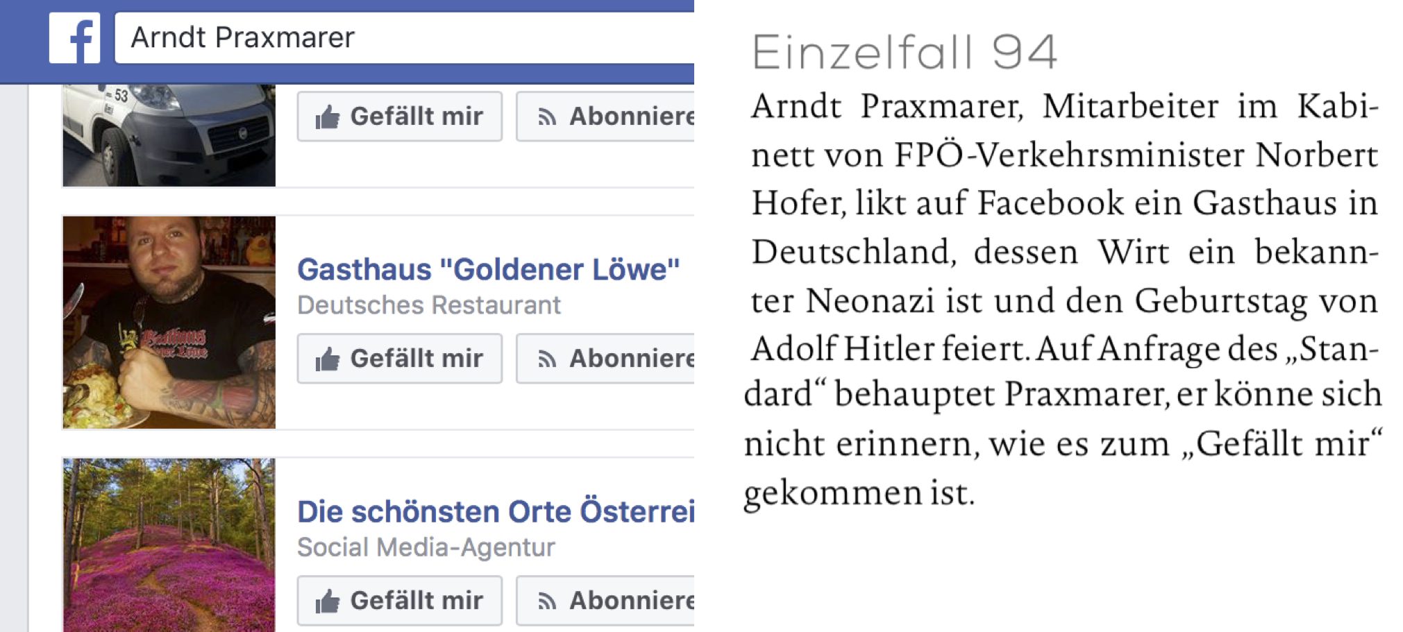 MKÖ Einzelfall 94: Arndt Praxmarer, Mitarbeiter von Norbert Hofer, likt den unter Neonazis beliebten und bekannten Gasthof "Goldener Löwe" des verurteilten Neonazis Tommy Frenck