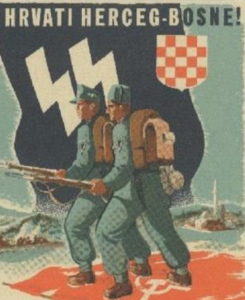 Rekrutierungs- und Propagandaplakat der 13.Waffen-SS-Division. Für die Bezirkshauptmannschaft handelt es sich bei den verwendenten Symbolen um "mittelalterliche Wappen" - Bildquelle: DÖW