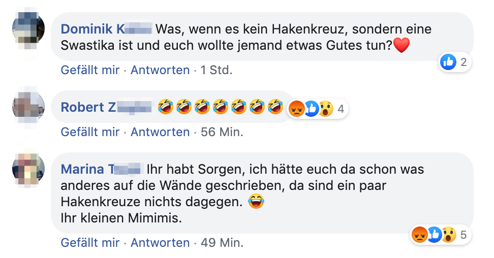 Reaktionen auf den Einbruch in das Grüne Parteilokal: "euch wollte jemand etwas Gutes tun?", "Ihr habt Sorgen, ich hätte euch da schon was anderes auf die Wände geschrieben, da sind ein paar Hakenkreuze nichts dagegen. Ihr kleinen Mimimis."