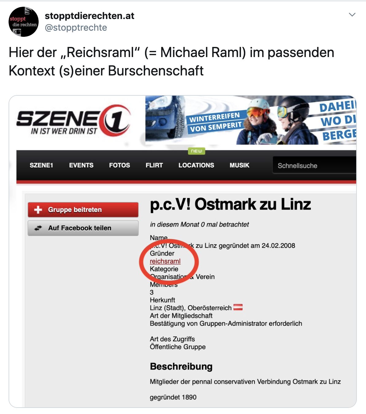User "reichsraml" gründete auf "Szene1" die Gruppe "p.c.V! Ostmark zu Linz"
