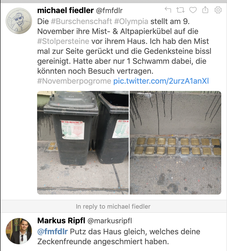 Ripfls Kommentar zu den MÃ¼lltonnen auf den Gedenksteinen: "Putz das Haus gleich, welches deine Zeckenfreunde angeschmiert haben."