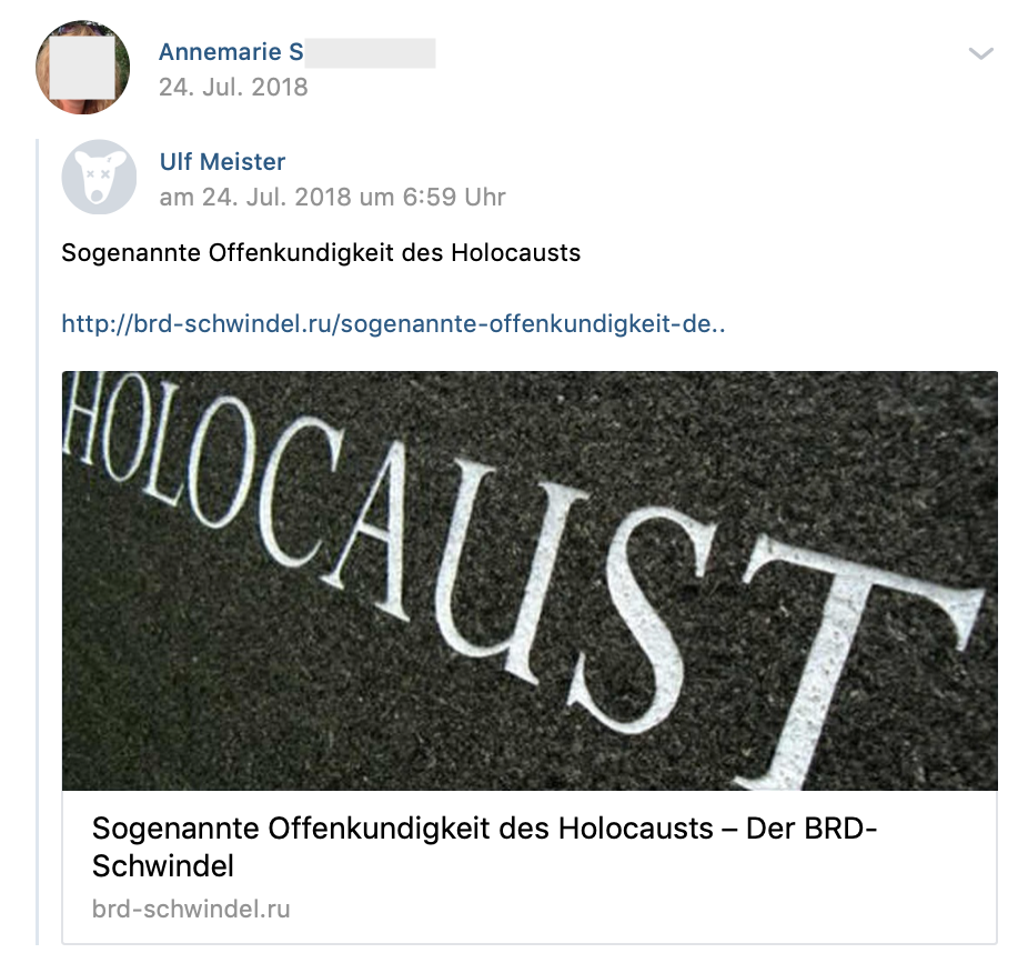 S. teilt "Sogenannte Offenkundigkeit des Holocaust", Link zu Neonazi-Seite BRD-Schwindel (vk.com 24.7.18)