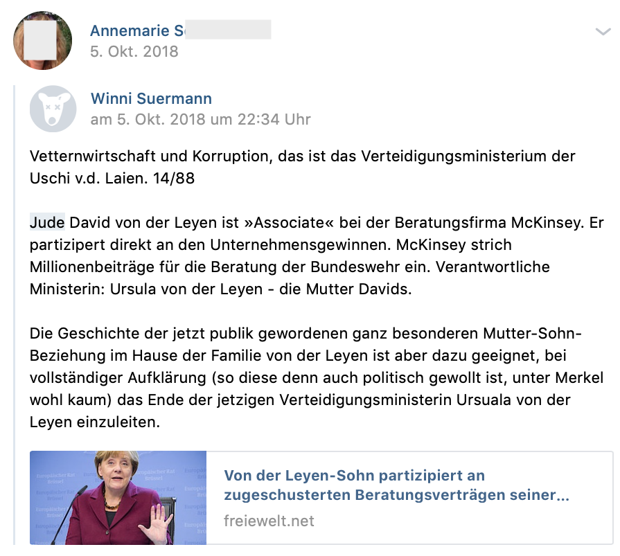 "Verteidigungsministerium der Uschi v.d. Laien. 14/88 [NS-Codes] "Jude David von der Leyen ... (vk.com 5.10.18)