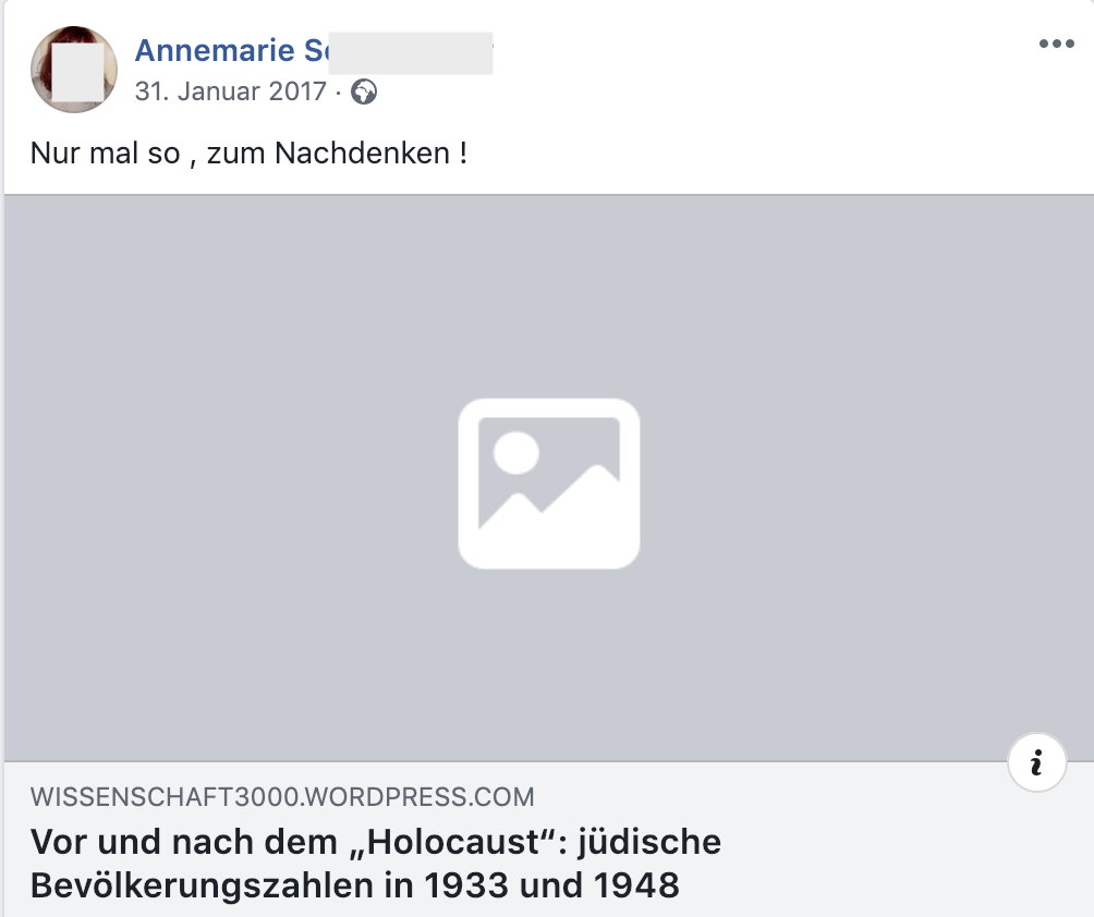 "Vor und nach dem "Holocaust": jüdische Bevölkerungszahlen in 1933 und 1948 – führt zu Artikel, der Holocaust leugnet (FB 31.1.17)