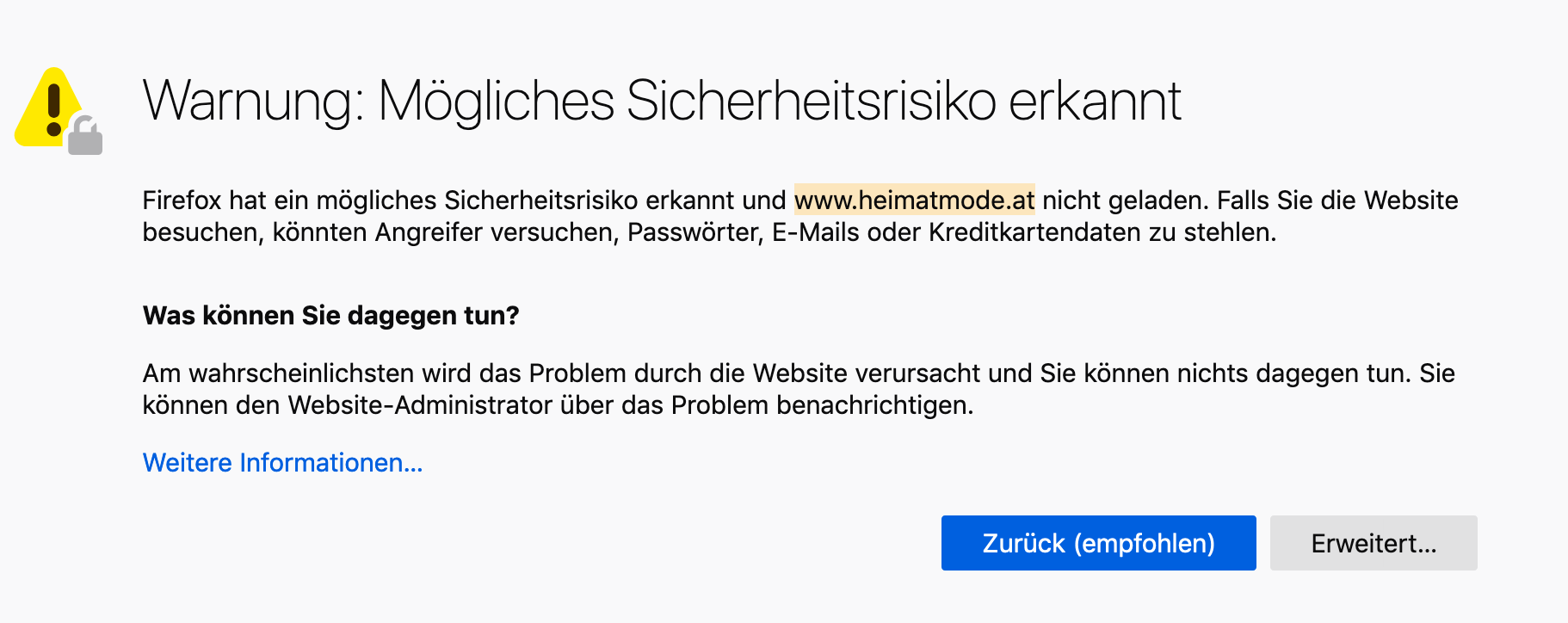 "Heimatmode" als Sicherheitsrisiko: Falls Sie die Website besuchen, könnten Angreifer versuchen, Passwörter, E-Mails oder Kreditkartendaten zu stehlen.