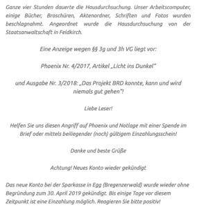 Spendenaufruf fÃ¼r Ochensberger Ã¼ber Neonazi-Blog: "Das neue Konto ... wurde wieder ohne begrÃ¼ndung zum 30. April 2019 gekÃ¼ndigt. Bis einige Tage vor diesem Zeitpunkt ist eine Einzahlung mÃ¶glich."