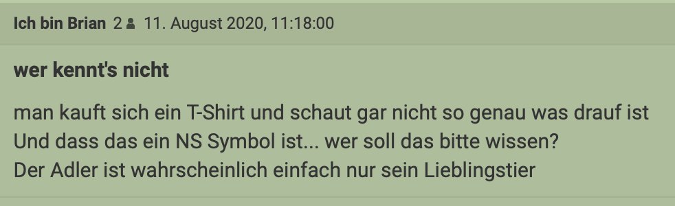 User aus dem Standard-Forum sarkastisch zum T-Shirt des Erwin Scherz: Der Adler ein "NS-Symbol ... wer soll das bitte wissen?"