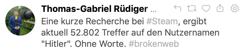 52.802 User nennen sich auf Steam "Hitler" (Tweet 16.10.19)