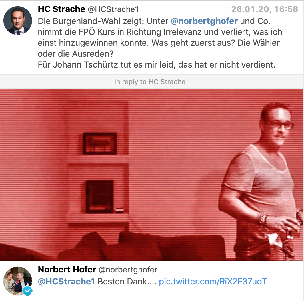 Strache: "Die Burgenland-Wahl zeigt: Unter @norbertghofer und Co. nimmt die FPÖ Kurs in Richtung Irrelevanz und verliert, was ich einst hinzugewinnen konnte. Was geht zuerst aus? Die Wähler oder die Ausreden? Für Johann Tschürtz tut es mir leid, das hat er nicht verdient. Hofer mit Ibiza-Bild: Besten Dank.... (Twitter)