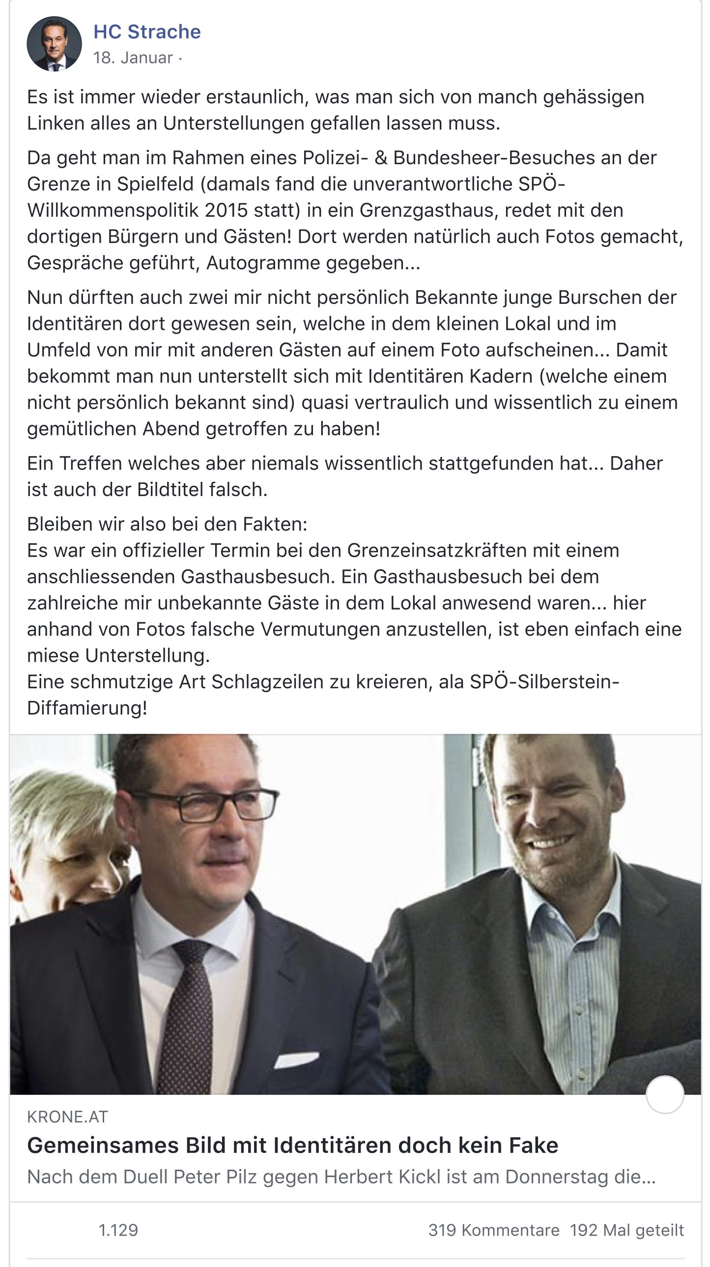 Strache zum Zusammentreffen mit Identitären in Spielfeld/Straß: "Treffen welches niemals wissentlich stattgefunden hat"