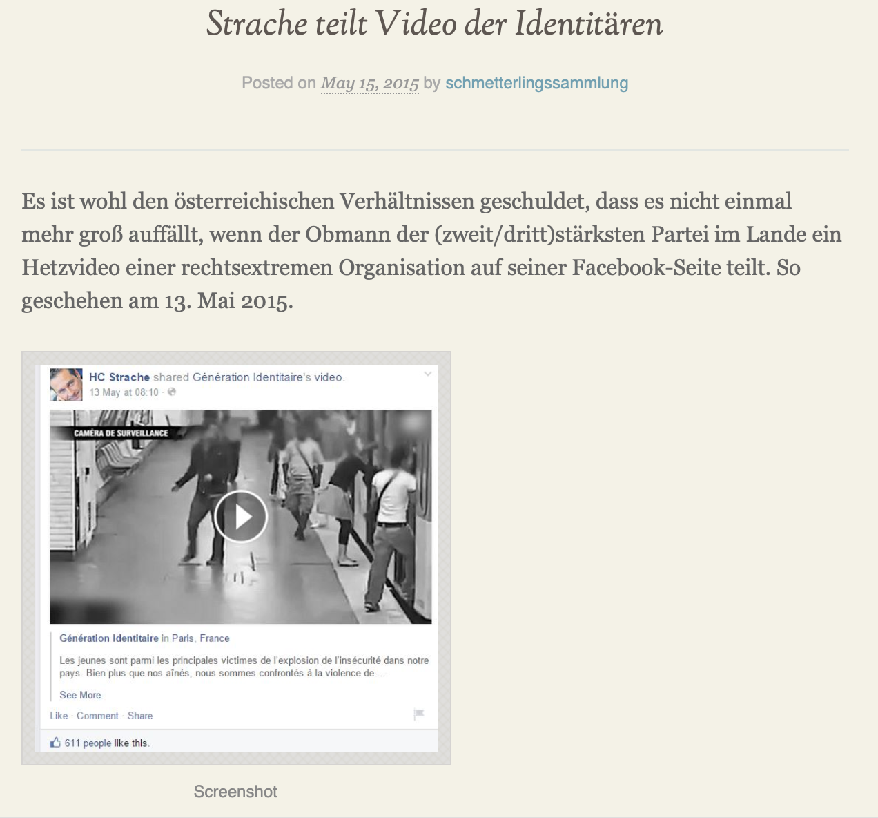 Strache teilt Video der "Géneration Identitaire" (Mai 2015) (Screenshot schmetterlingssammlung)