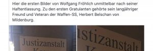 Sturmzeichenverlag nach dem Prozess gegen W. Fröhlich: "Zu den ersten Gratulanten gehörte sein langjähriger Freund und Veteran der Waffen-SS, Herbert Belschan von Mildenburg." (Screenshot Facebook)
