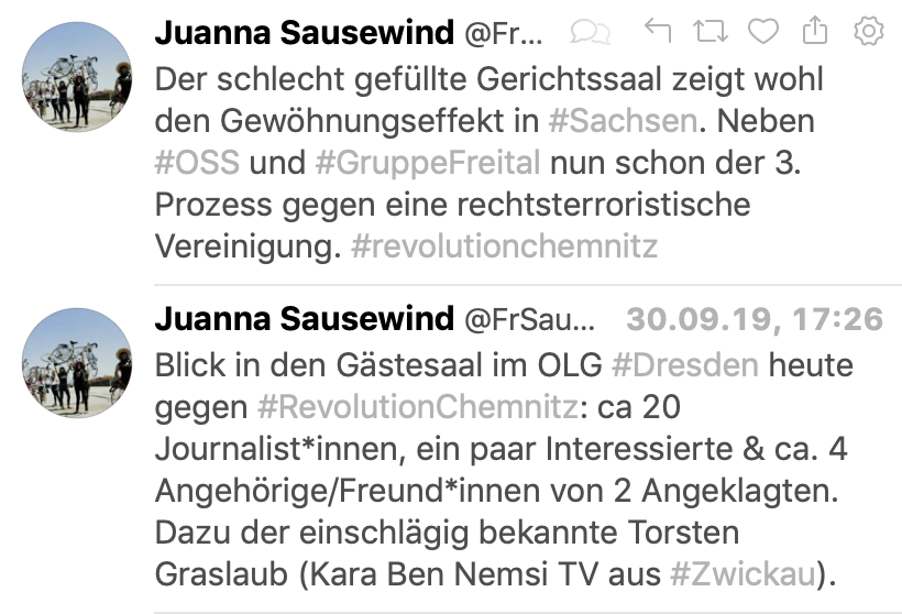 Tweet "schlecht gefüllter Gerichtssaal" beim Prozessauftakt der Gruppe "Revolution Chemnitz"