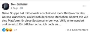 Jammer über unterwanderte Corona-Verschwörungsgruppe durch "Befürworter des Corona Wahnsinns": "unterwandert und zersetzt"