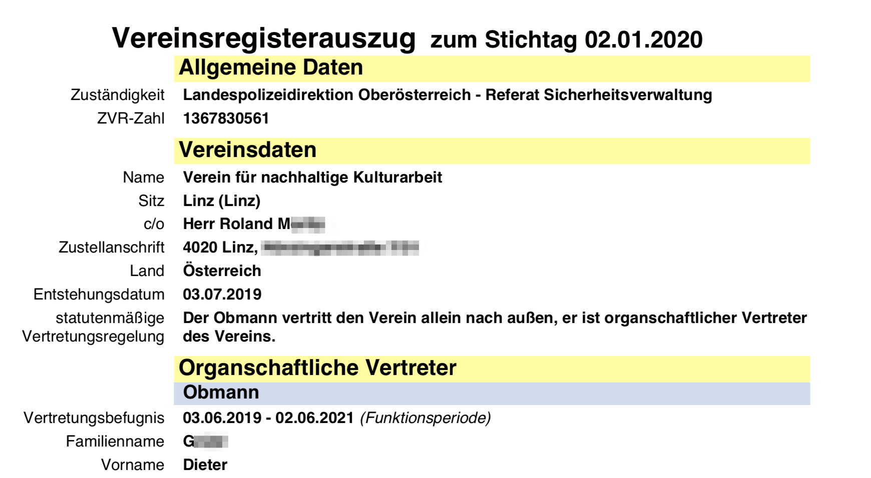 Vereinsregisterauszug "Verein für nachhaltige Kulturarbeit"