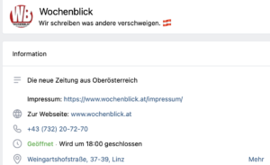 vk-Account Wochenblick mit Adresse in Linz