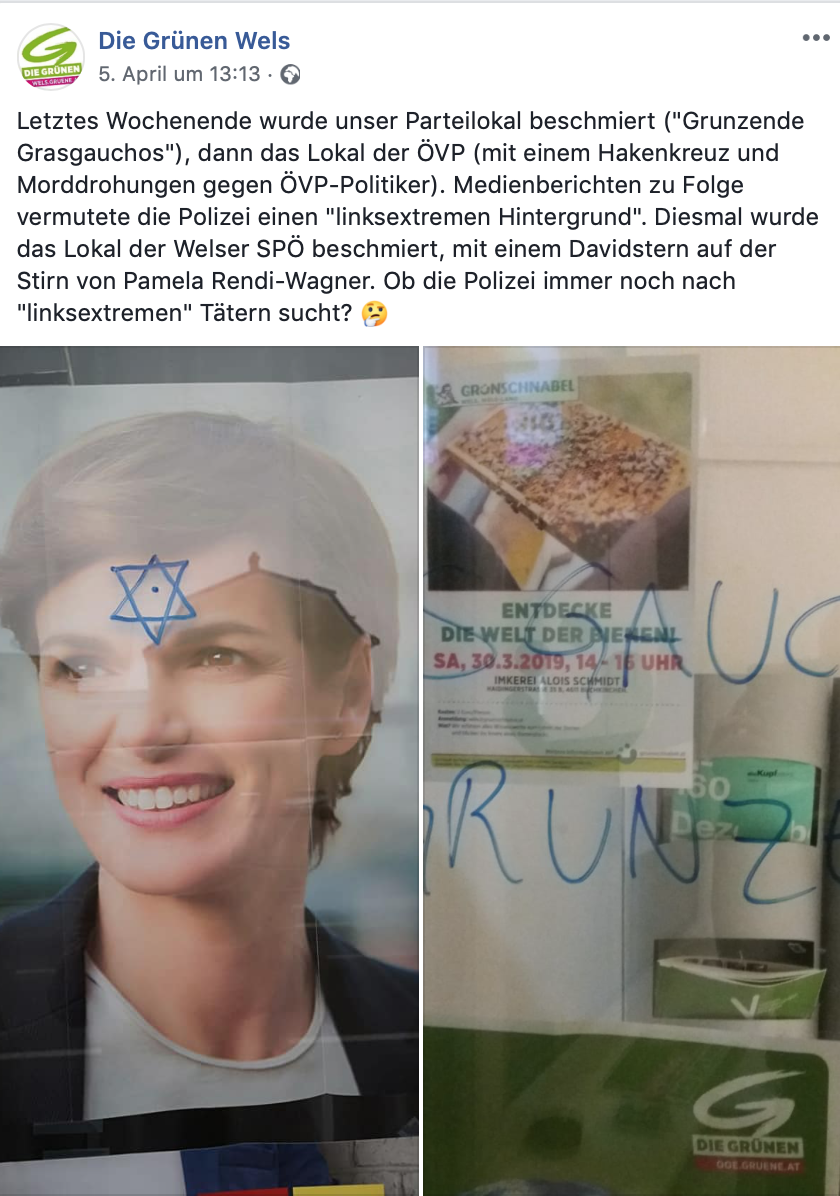 beschmierte Parteizentralen in Wels