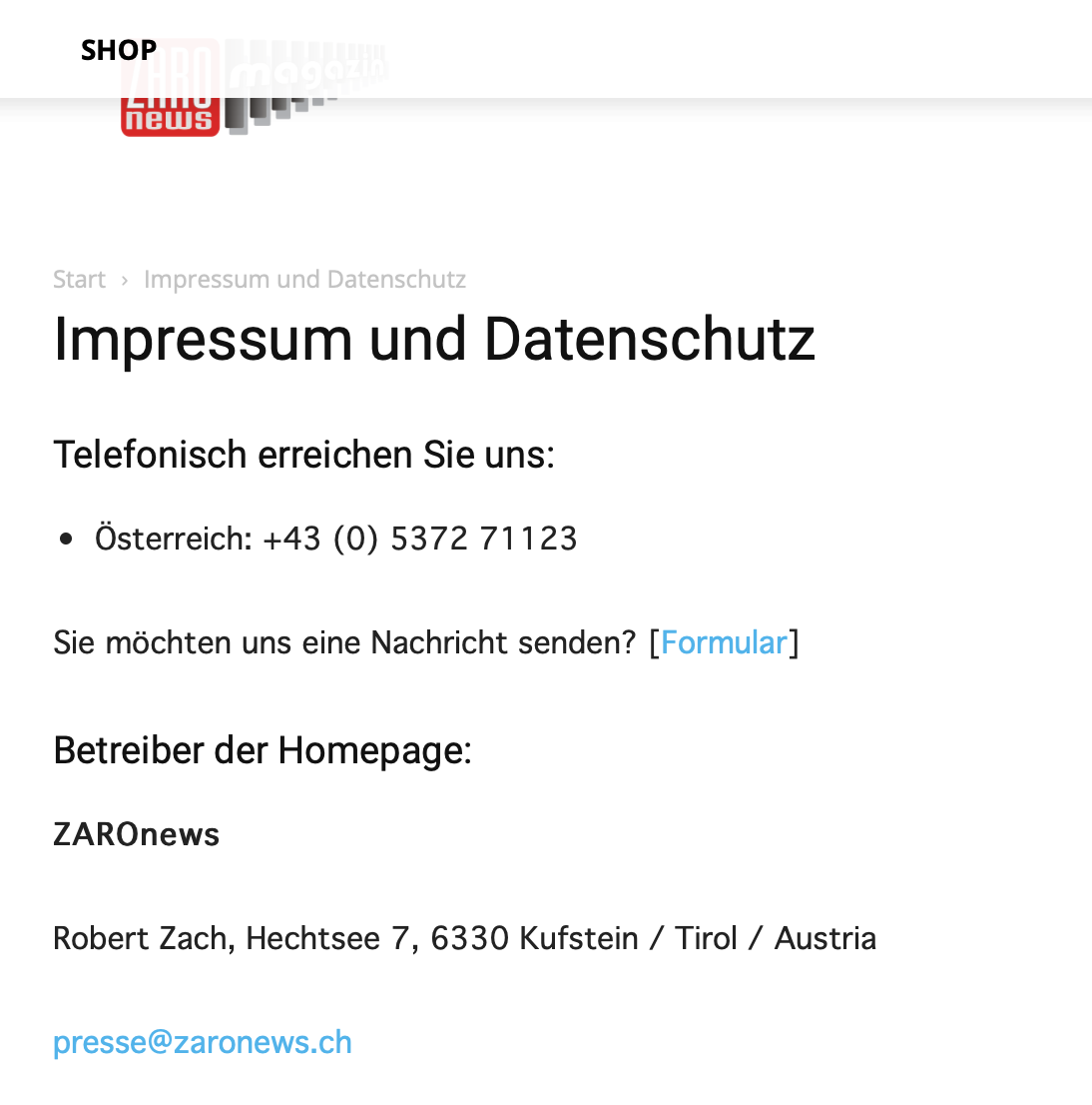 Impressum ZAROnews: Kufsteiner Adresse