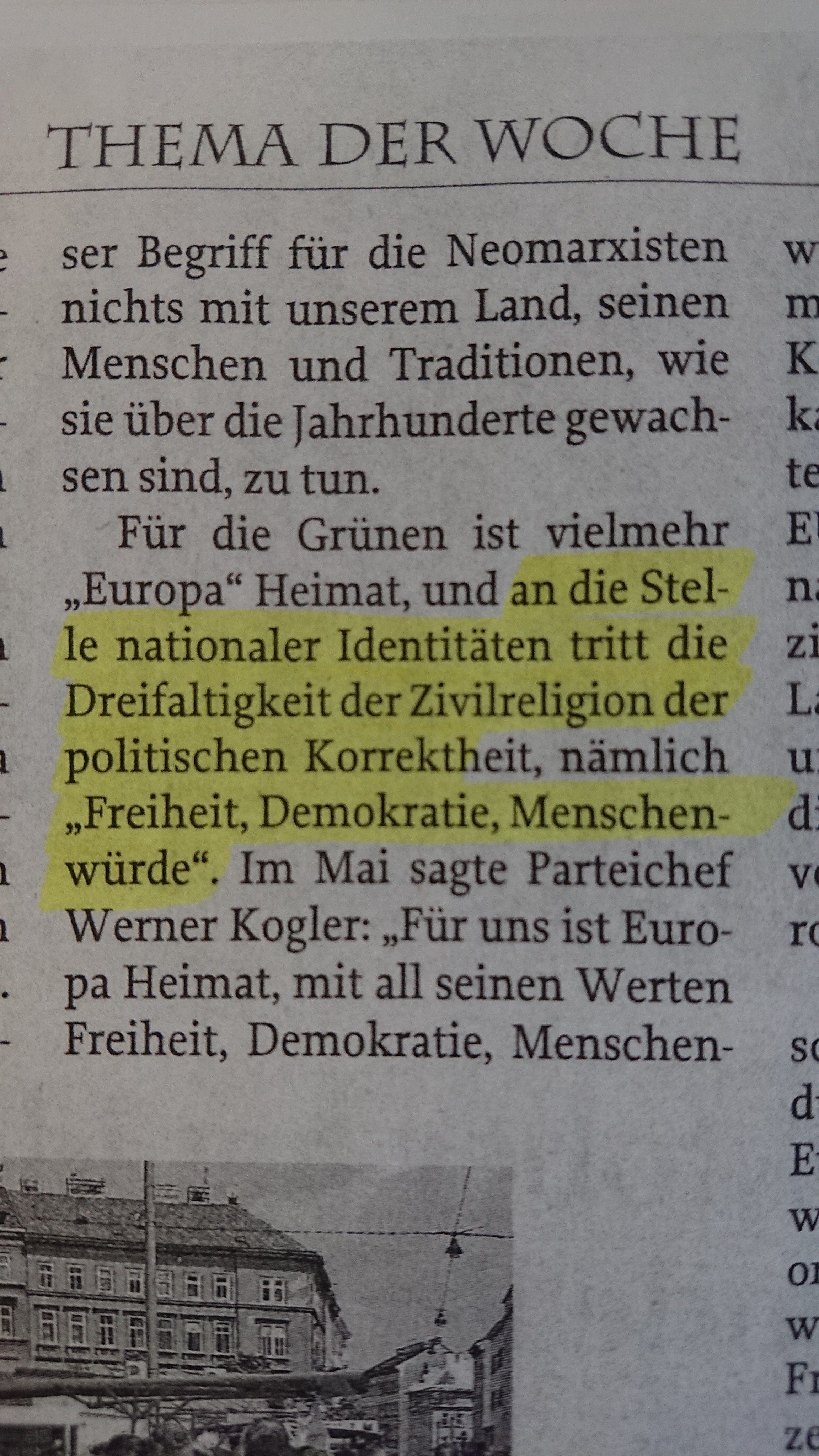 Zur Zeit: "die Dreifaltigkeit der Zivilreligion der politischen Korrektheit, nämlich 'Freiheit, Demokratie, Menschenwürde'"